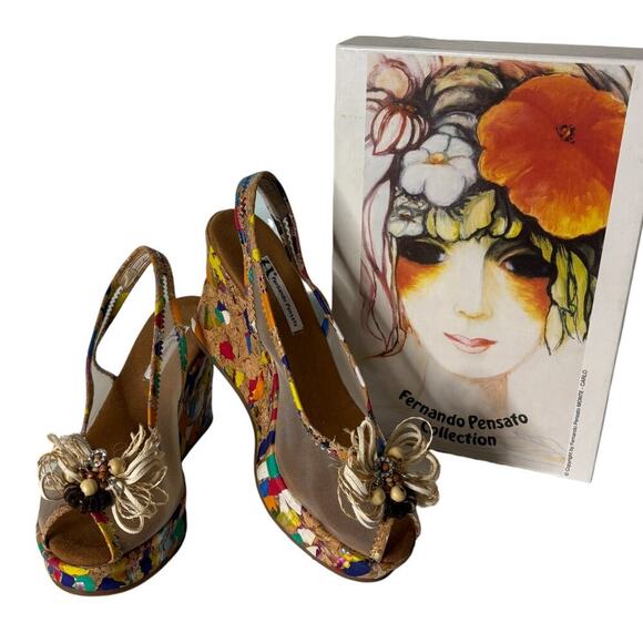 Fernando Pensato Acapulco Slingback Wedges Peep Toe Rainbow Multi Size 39 (9) - Picture 1 of 8